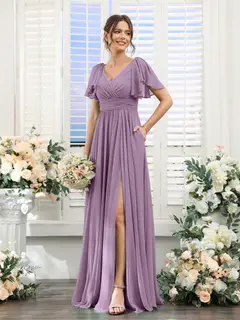 A-Line/Princess V-Neck Short Sleeves Chiffon Bridesmaid Dresses with Split Side & Pockets — view 80