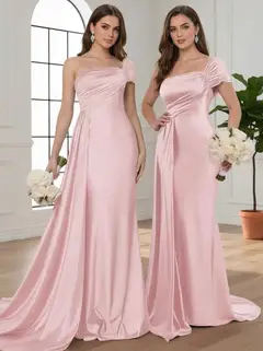 Trumpet/Mermaid One-Shoulder Bridesmaid Dresses with Watteau Train Silk Satin Sleeveless Floor-Length — view 1