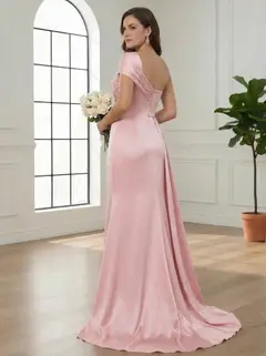 Trumpet/Mermaid One-Shoulder Bridesmaid Dresses with Watteau Train Silk Satin Sleeveless Floor-Length — view 2