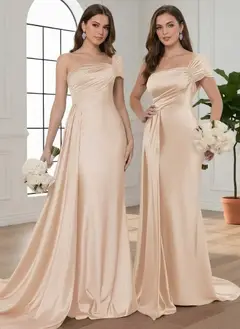 Trumpet/Mermaid One-Shoulder Bridesmaid Dresses with Watteau Train Silk Satin Sleeveless Floor-Length — view 3