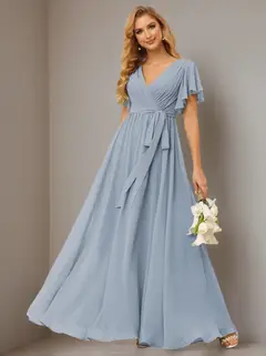 A-Line V Neck Short Sleeve Floor Length Bridesmaid Dresses Chiffon with Ruffles Bow(s) — view 1