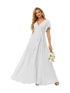 A-Line V Neck Short Sleeve Floor Length Bridesmaid Dresses Chiffon with Ruffles Bow(s) — view 2