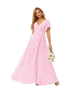 A-Line V Neck Short Sleeve Floor Length Bridesmaid Dresses Chiffon with Ruffles Bow(s) — view 3