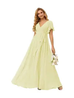 A-Line V Neck Short Sleeve Floor Length Bridesmaid Dresses Chiffon with Ruffles Bow(s) — view 5