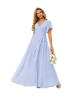 A-Line V Neck Short Sleeve Floor Length Bridesmaid Dresses Chiffon with Ruffles Bow(s) — view 6