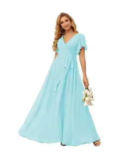 A-Line V Neck Short Sleeve Floor Length Bridesmaid Dresses Chiffon with Ruffles Bow(s) — view 7