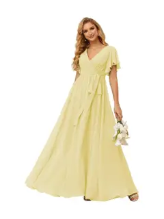 A-Line V Neck Short Sleeve Floor Length Bridesmaid Dresses Chiffon with Ruffles Bow(s) — view 8