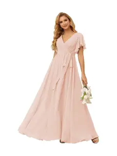 A-Line V Neck Short Sleeve Floor Length Bridesmaid Dresses Chiffon with Ruffles Bow(s) — view 9