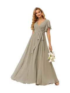 A-Line V Neck Short Sleeve Floor Length Bridesmaid Dresses Chiffon with Ruffles Bow(s) — view 10
