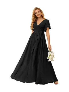 A-Line V Neck Short Sleeve Floor Length Bridesmaid Dresses Chiffon with Ruffles Bow(s) — view 12