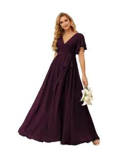 A-Line V Neck Short Sleeve Floor Length Bridesmaid Dresses Chiffon with Ruffles Bow(s) — view 13