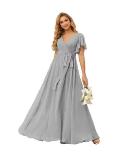 A-Line V Neck Short Sleeve Floor Length Bridesmaid Dresses Chiffon with Ruffles Bow(s) — view 14