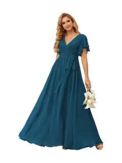 A-Line V Neck Short Sleeve Floor Length Bridesmaid Dresses Chiffon with Ruffles Bow(s) — view 15