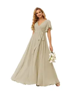 A-Line V Neck Short Sleeve Floor Length Bridesmaid Dresses Chiffon with Ruffles Bow(s) — view 16