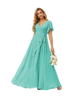 A-Line V Neck Short Sleeve Floor Length Bridesmaid Dresses Chiffon with Ruffles Bow(s) — view 17