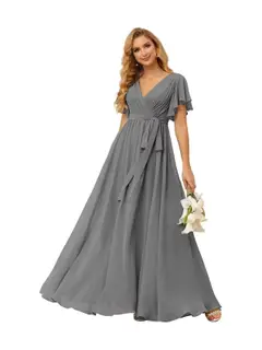 A-Line V Neck Short Sleeve Floor Length Bridesmaid Dresses Chiffon with Ruffles Bow(s) — view 18