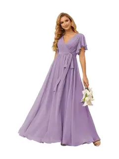 A-Line V Neck Short Sleeve Floor Length Bridesmaid Dresses Chiffon with Ruffles Bow(s) — view 19