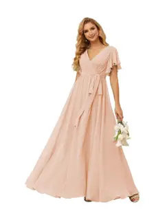 A-Line V Neck Short Sleeve Floor Length Bridesmaid Dresses Chiffon with Ruffles Bow(s) — view 20