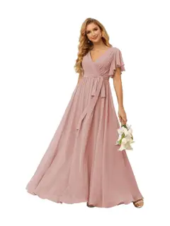 A-Line V Neck Short Sleeve Floor Length Bridesmaid Dresses Chiffon with Ruffles Bow(s) — view 21