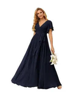 A-Line V Neck Short Sleeve Floor Length Bridesmaid Dresses Chiffon with Ruffles Bow(s) — view 22