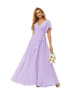 A-Line V Neck Short Sleeve Floor Length Bridesmaid Dresses Chiffon with Ruffles Bow(s) — view 23