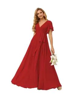 A-Line V Neck Short Sleeve Floor Length Bridesmaid Dresses Chiffon with Ruffles Bow(s) — view 24