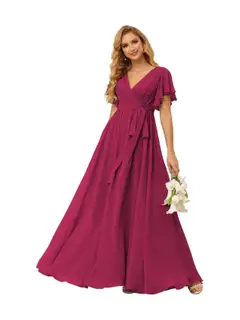 A-Line V Neck Short Sleeve Floor Length Bridesmaid Dresses Chiffon with Ruffles Bow(s) — view 25