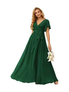 A-Line V Neck Short Sleeve Floor Length Bridesmaid Dresses Chiffon with Ruffles Bow(s) — view 26