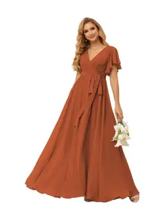 A-Line V Neck Short Sleeve Floor Length Bridesmaid Dresses Chiffon with Ruffles Bow(s) — view 27