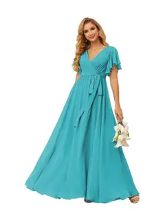 A-Line V Neck Short Sleeve Floor Length Bridesmaid Dresses Chiffon with Ruffles Bow(s) — view 28