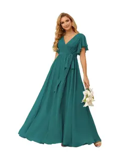 A-Line V Neck Short Sleeve Floor Length Bridesmaid Dresses Chiffon with Ruffles Bow(s) — view 29