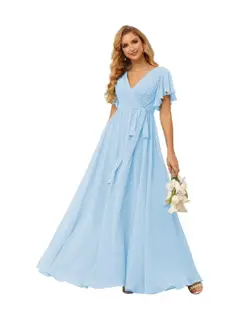A-Line V Neck Short Sleeve Floor Length Bridesmaid Dresses Chiffon with Ruffles Bow(s) — view 30