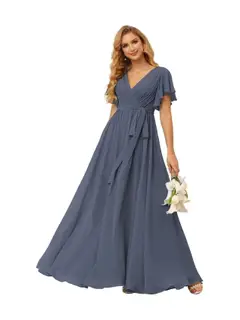 A-Line V Neck Short Sleeve Floor Length Bridesmaid Dresses Chiffon with Ruffles Bow(s) — view 31