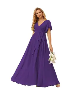 A-Line V Neck Short Sleeve Floor Length Bridesmaid Dresses Chiffon with Ruffles Bow(s) — view 32