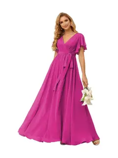 A-Line V Neck Short Sleeve Floor Length Bridesmaid Dresses Chiffon with Ruffles Bow(s) — view 33