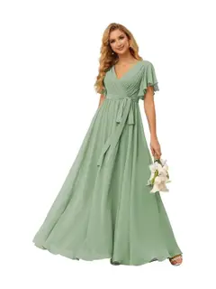 A-Line V Neck Short Sleeve Floor Length Bridesmaid Dresses Chiffon with Ruffles Bow(s) — view 34