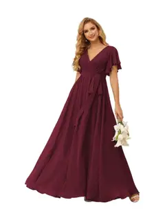 A-Line V Neck Short Sleeve Floor Length Bridesmaid Dresses Chiffon with Ruffles Bow(s) — view 35
