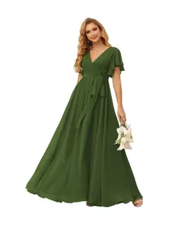 A-Line V Neck Short Sleeve Floor Length Bridesmaid Dresses Chiffon with Ruffles Bow(s) — view 36