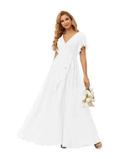 A-Line V Neck Short Sleeve Floor Length Bridesmaid Dresses Chiffon with Ruffles Bow(s) — view 37