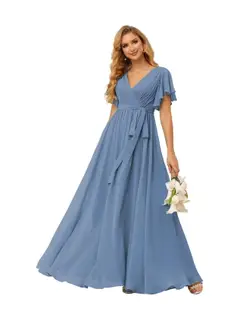 A-Line V Neck Short Sleeve Floor Length Bridesmaid Dresses Chiffon with Ruffles Bow(s) — view 38