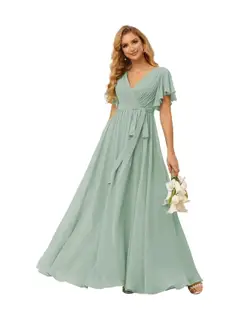 A-Line V Neck Short Sleeve Floor Length Bridesmaid Dresses Chiffon with Ruffles Bow(s) — view 39