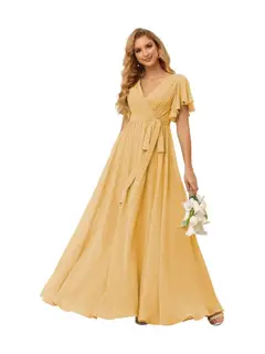A-Line V Neck Short Sleeve Floor Length Bridesmaid Dresses Chiffon with Ruffles Bow(s) — view 40