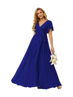 A-Line V Neck Short Sleeve Floor Length Bridesmaid Dresses Chiffon with Ruffles Bow(s) — view 41