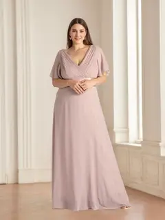 A-Line/Princess Deep V-Neck Short Sleeves Floor-Length Plus Size Bridesmaid Dresses with Ruffles — view 1