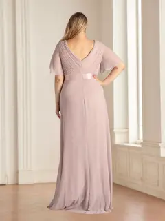 A-Line/Princess Deep V-Neck Short Sleeves Floor-Length Plus Size Bridesmaid Dresses with Ruffles — view 2
