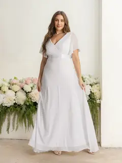 A-Line/Princess Deep V-Neck Short Sleeves Floor-Length Plus Size Bridesmaid Dresses with Ruffles — view 3