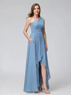 A-Line/Princess One-Shoulder Sleeveless Asymmetrical Bridemaid Dresses with Pockets — view 3
