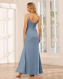 Sheath/Column Spaghetti Straps Sleeveless Floor-Length Bridesmaid Dresses with Split Side & Ruffles — view 2