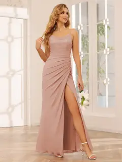 Sheath/Column Spaghetti Straps Sleeveless Floor-Length Bridesmaid Dresses with Split Side & Ruffles — view 8
