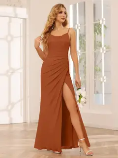 Sheath/Column Spaghetti Straps Sleeveless Floor-Length Bridesmaid Dresses with Split Side & Ruffles — view 9